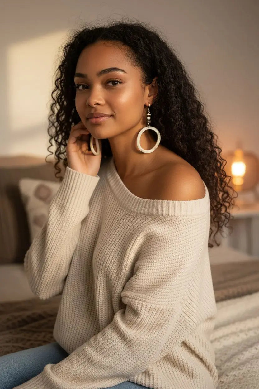 Cream-colored off-the-shoulder knit sweater with ribbed neckline and long sleeves shown with natural vanilla tagua hoop slice earrings