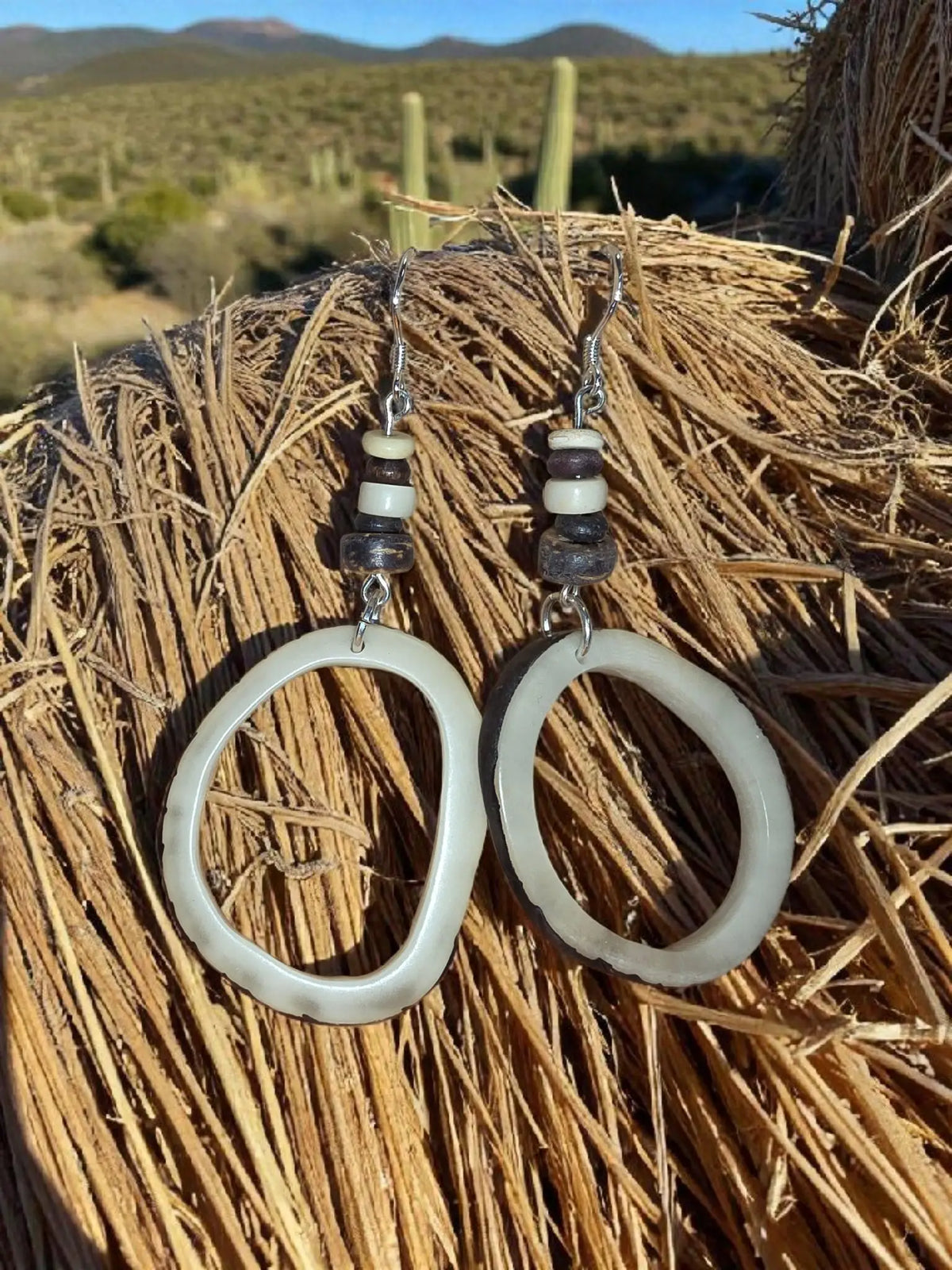 Natural vanilla tagua hoop slice earrings cream-colored handcrafted bone hoops with natural texture and alternating beads