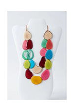 Vibrant multi-colored teardrop wooden beads form a bold dual-strand sculptural tagua necklace called naty