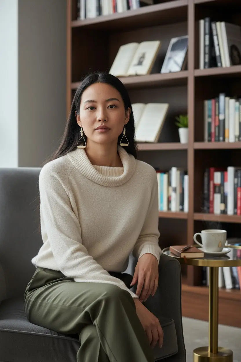 Off white polished bar handmade tagua earrings paired with a cream-colored ribbed turtleneck sweater with long sleeves