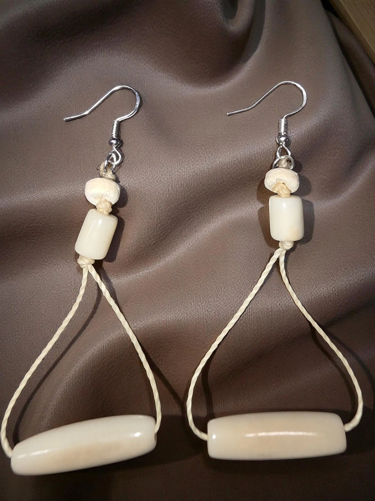 Off white polished bar handmade tagua earrings cream-colored ivory beads with silver hooks and matching cord