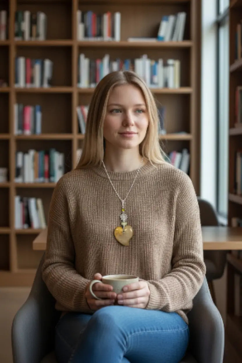 A woman wearing a beige ribbed knit sweater and blue jeans holding a light ceramic mug with olive carved heart necklace