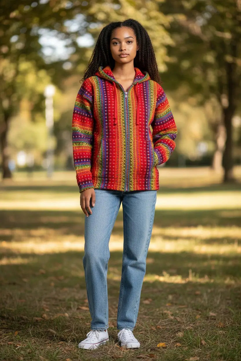 Orange vibrant striped hoodie cardigan made of 100% sheep’s wool showcasing otavalo textile tradition with pockets