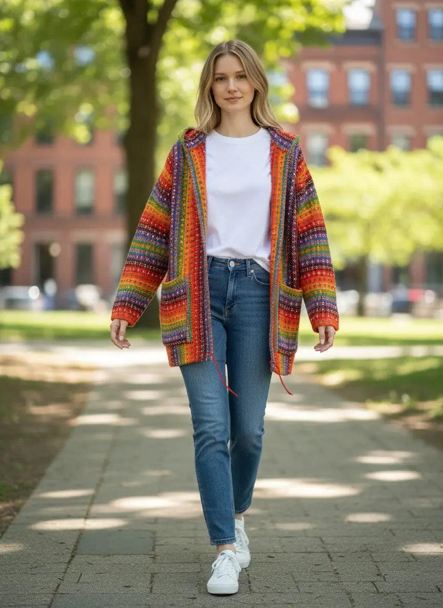 A vibrant hand-knitted orange hoodie cardigan with front pockets made from 100 percent sheep’s wool and otavalo textile tradition