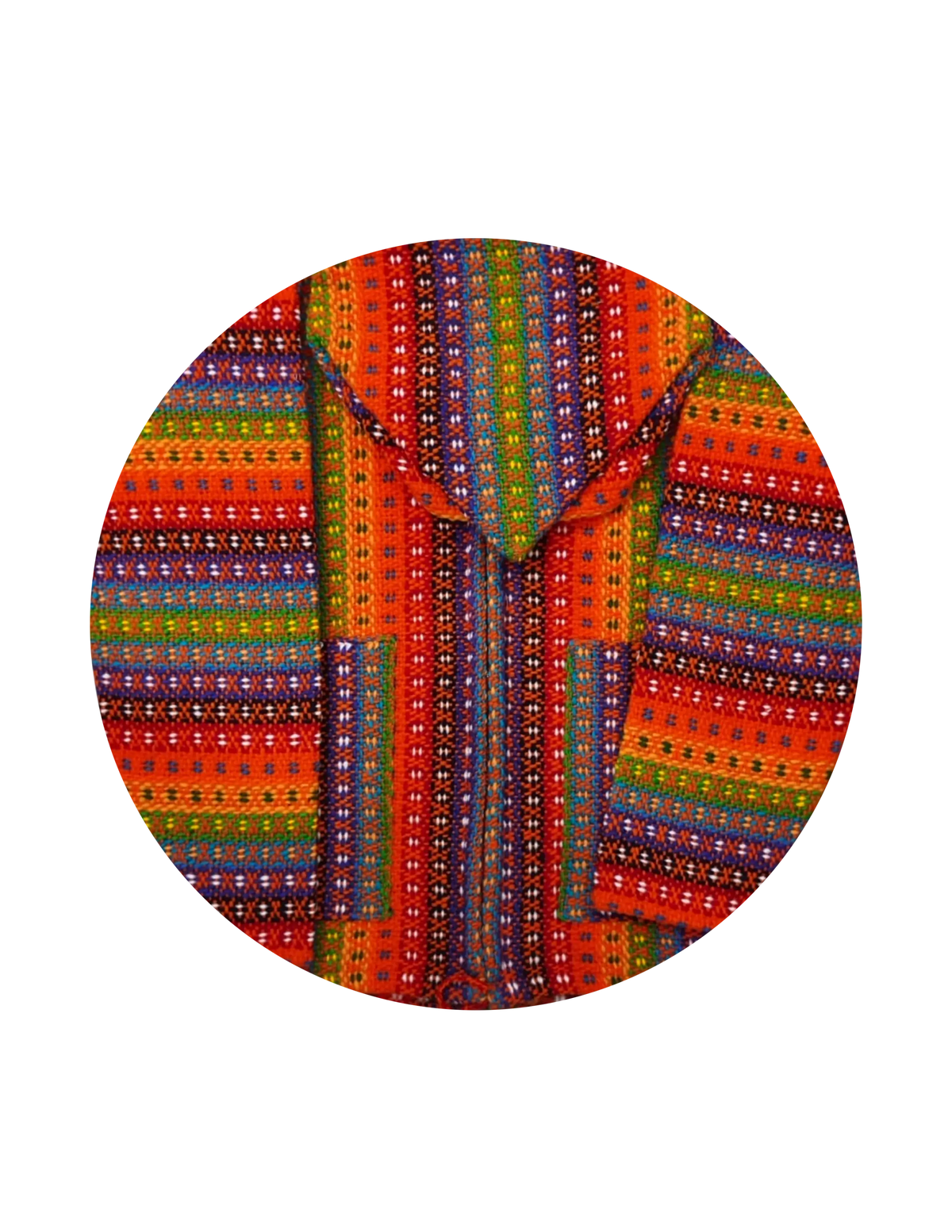 Vibrant multicolored hoodie cardigan in 100 percent sheep’s wool featuring andean textile tradition and zip front