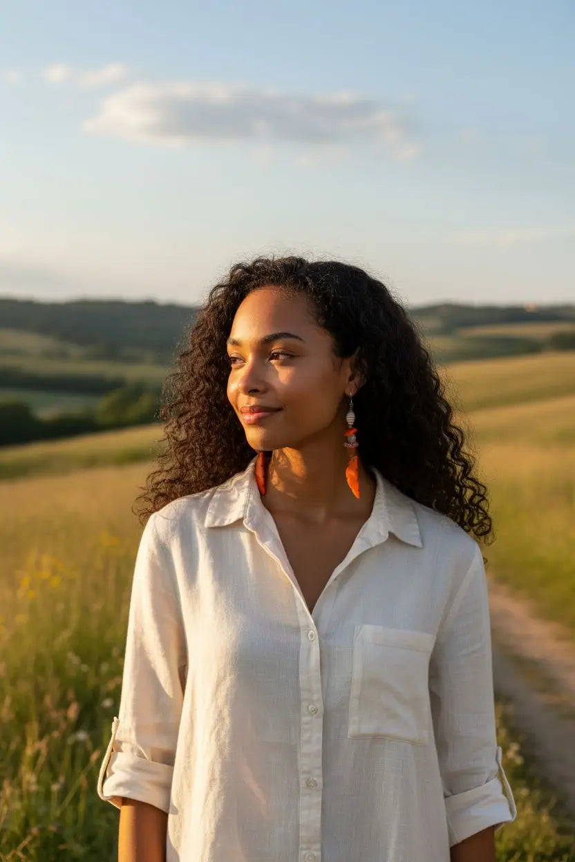 Woman wearing orange crush carved tagua leaf drop earrings with orange dangling design and white shirt with rolled sleeves
