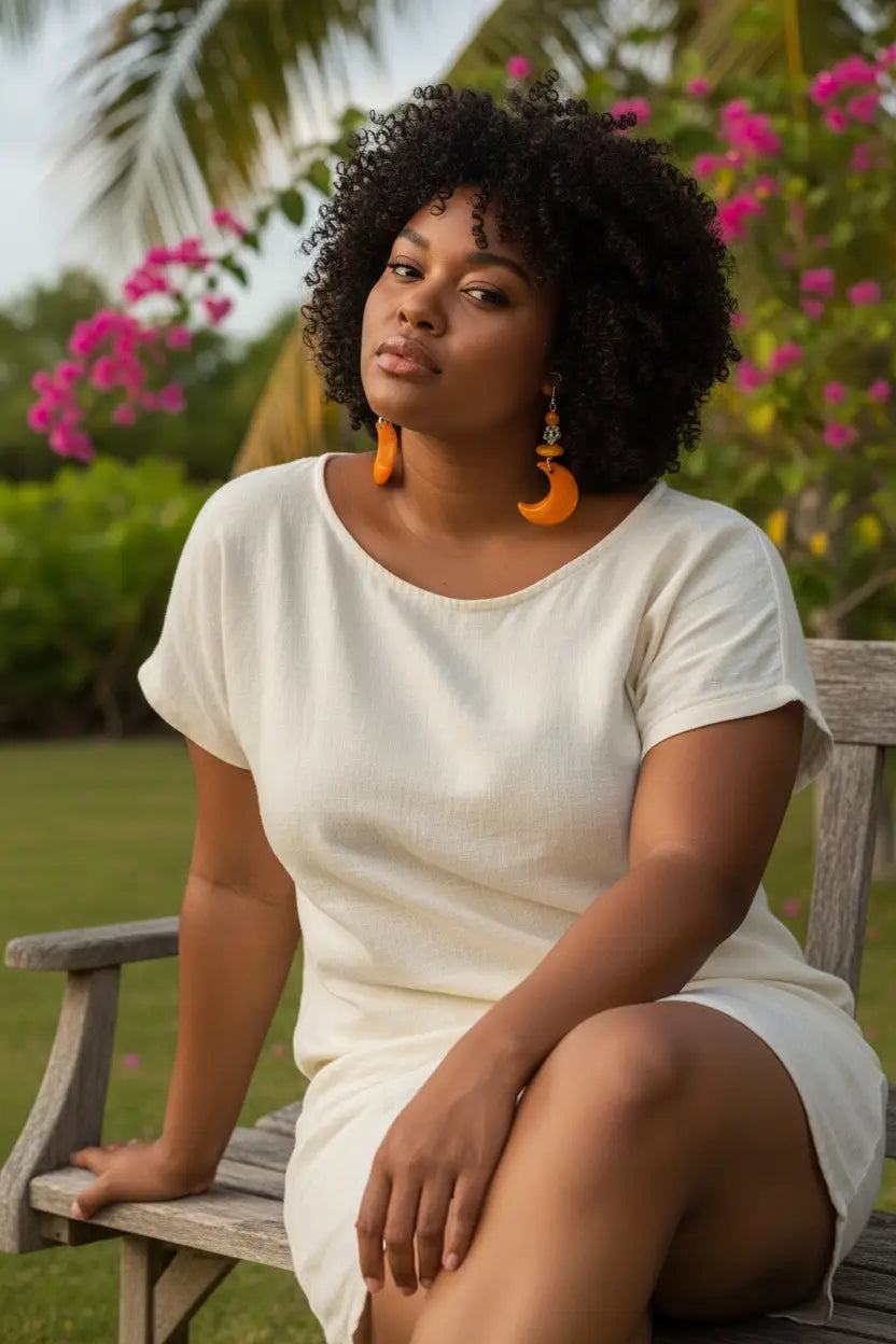 A woman wearing a cream-colored dress displays orange marmalade moon carved tagua nut earrings with sunflower beads