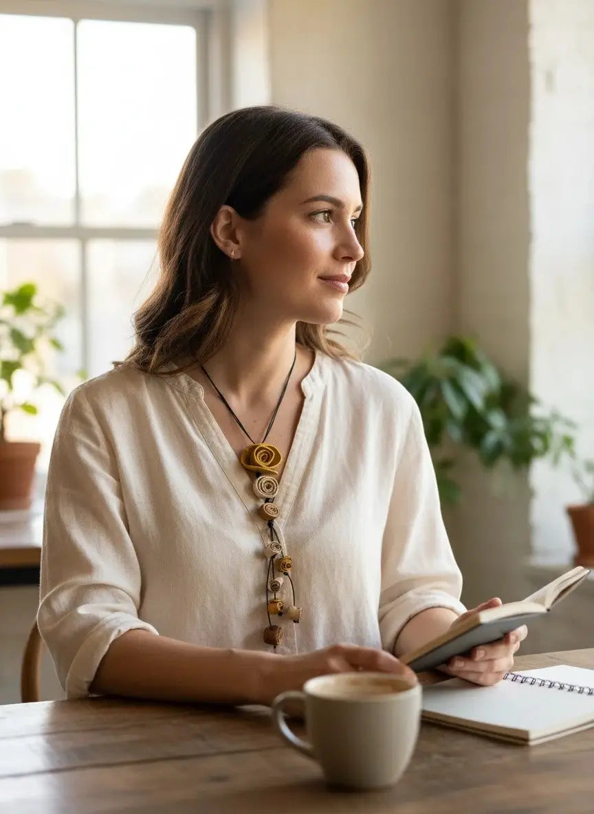 A woman wearing a cream blouse with rolled sleeves showcasing an eco friendly orange peel flower y necklace made wearable art