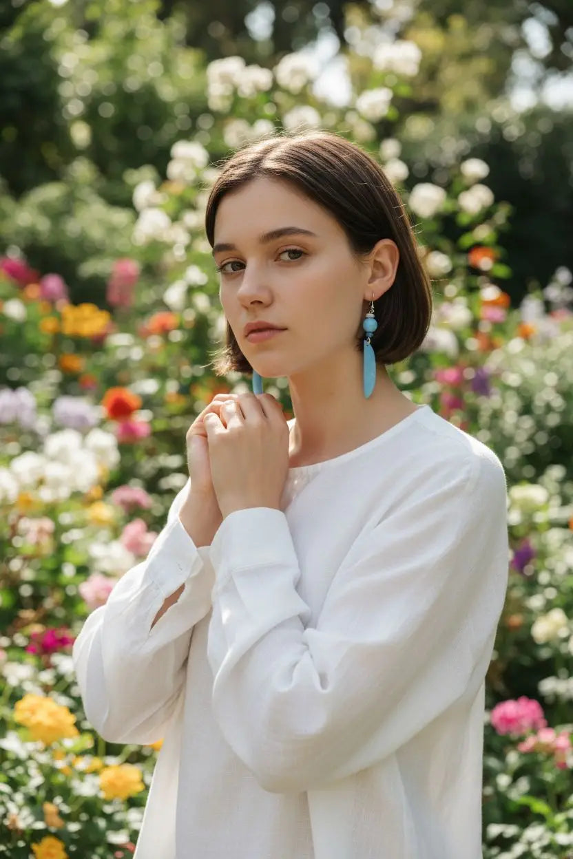 A pair of turquoise blue elongated teardrop dangle earrings with smooth polished finish periwinkle pretty pair tagua earrings