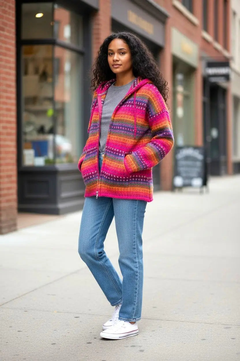 Vibrant multicolored striped knit hoodie cardigan in pink made from 100% sheep’s wool showcasing otavalo textile tradition