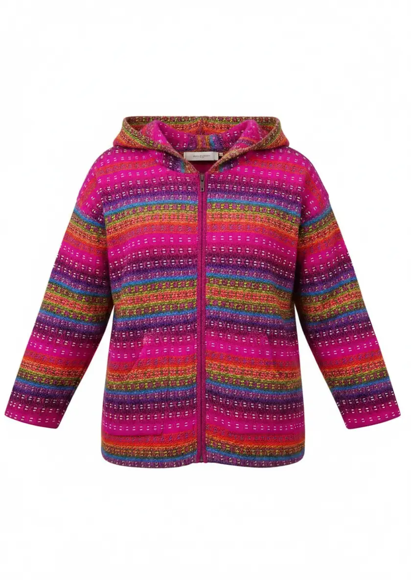 Vibrant pink and multicolored striped hoodie cardigan made from 100% sheep’s wool showcasing andean textile tradition