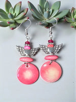 Pink misty collection eco-friendly vegetable ivory dangle earrings with silver angel wings and gradient pink hearts