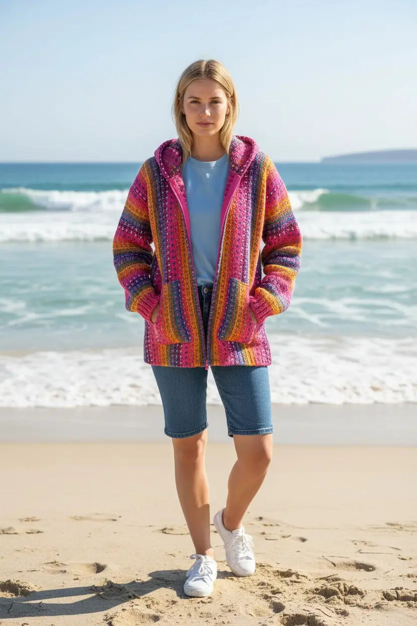 Vibrant multicolored striped hoodie cardigan made of 100 percent sheep’s wool with zip front and pockets over light blue tee