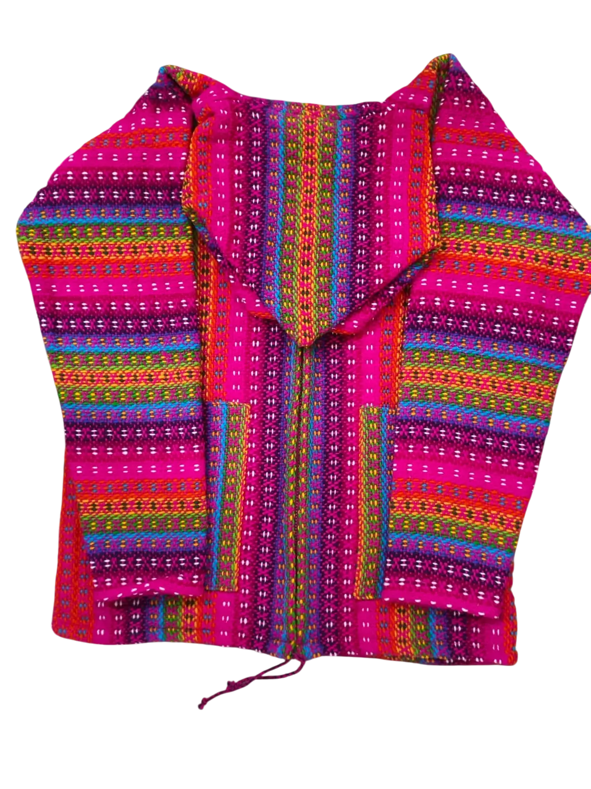Vibrant pink and purple woven hoodie cardigan made from 100 percent sheep’s wool showcasing andean textile tradition