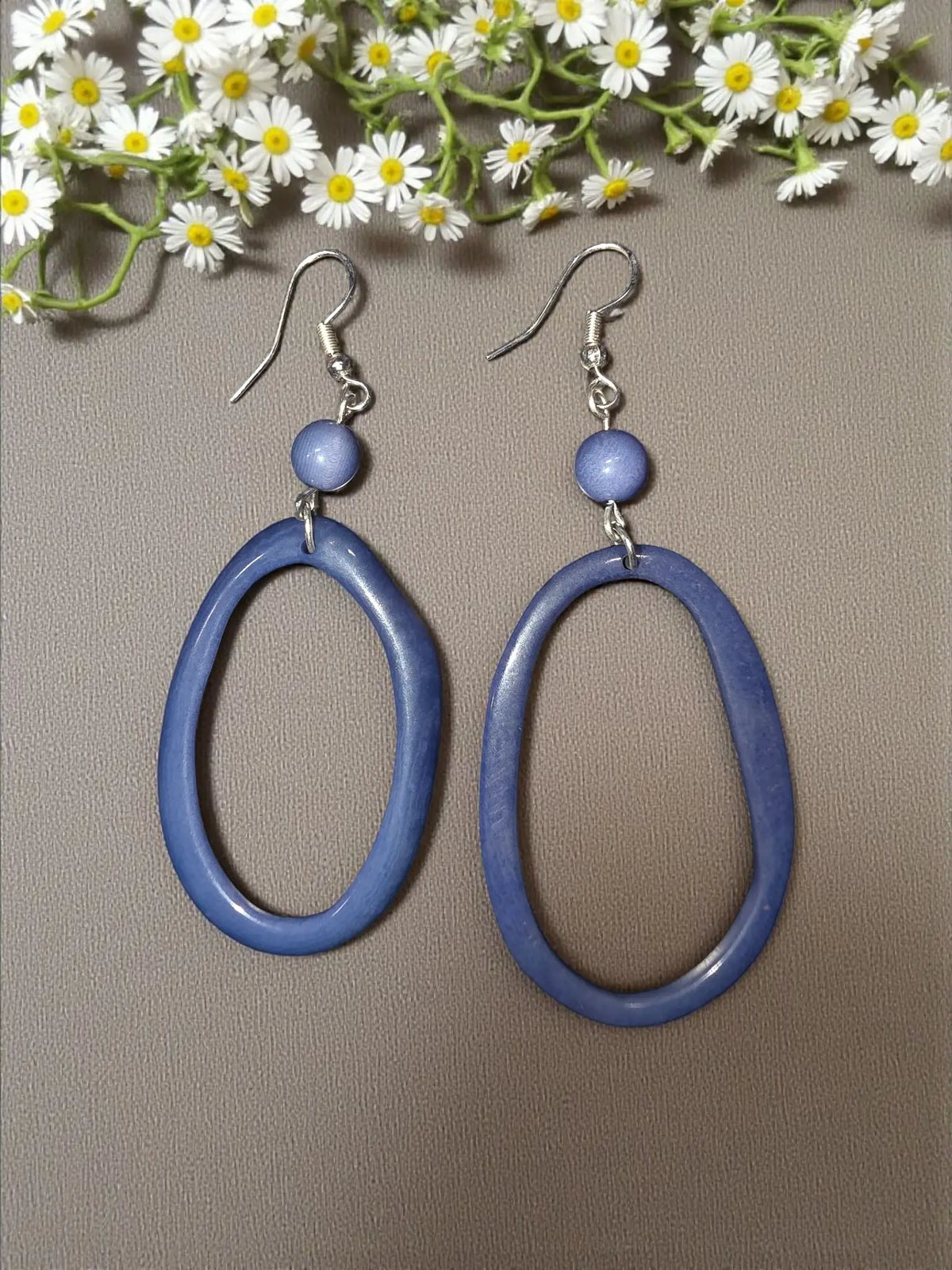 Plum blue periwinkle thin polished tagua hoops with blue oval matte earrings and small matching beads