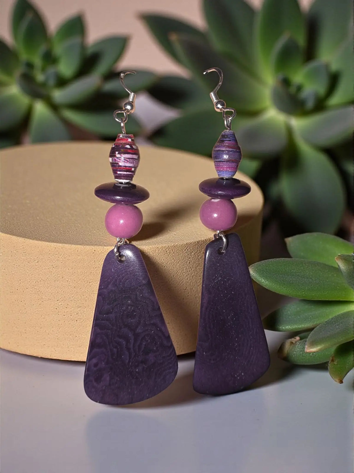 Plum crazy perfect modern triangle dangle tagua earrings with layered purple beads and metallic hooks
