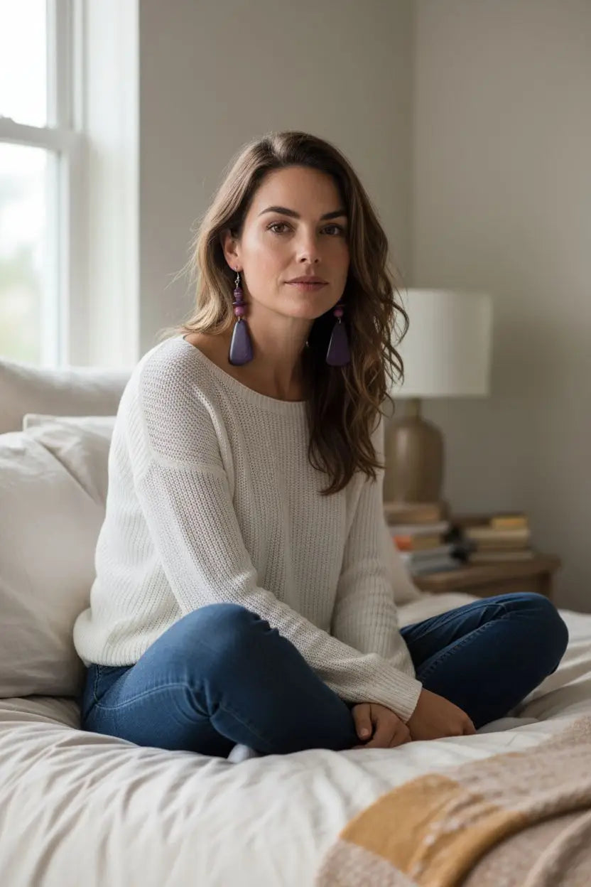 Woman wearing white knit sweater and blue jeans with plum crazy perfect modern triangle dangle tagua earrings
