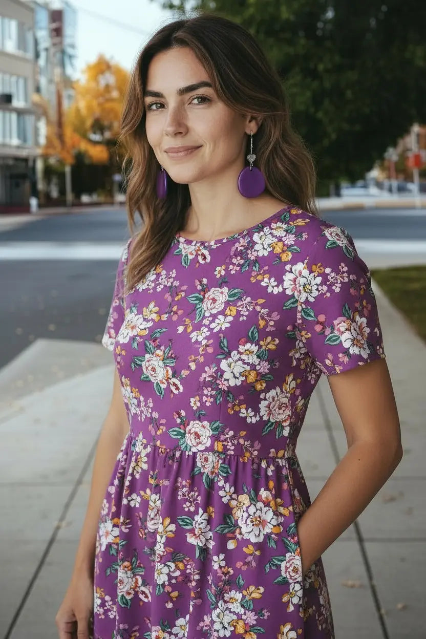 A woman wears plum purple sliced tagua nut earrings with swirly heart bead accent and a vibrant floral dress