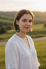 Green round pendant earrings with subtle sheen made from dragonfly turquoise dyed stones