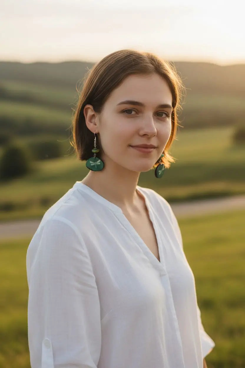 Green round pendant earrings with subtle sheen made from dragonfly turquoise dyed stones