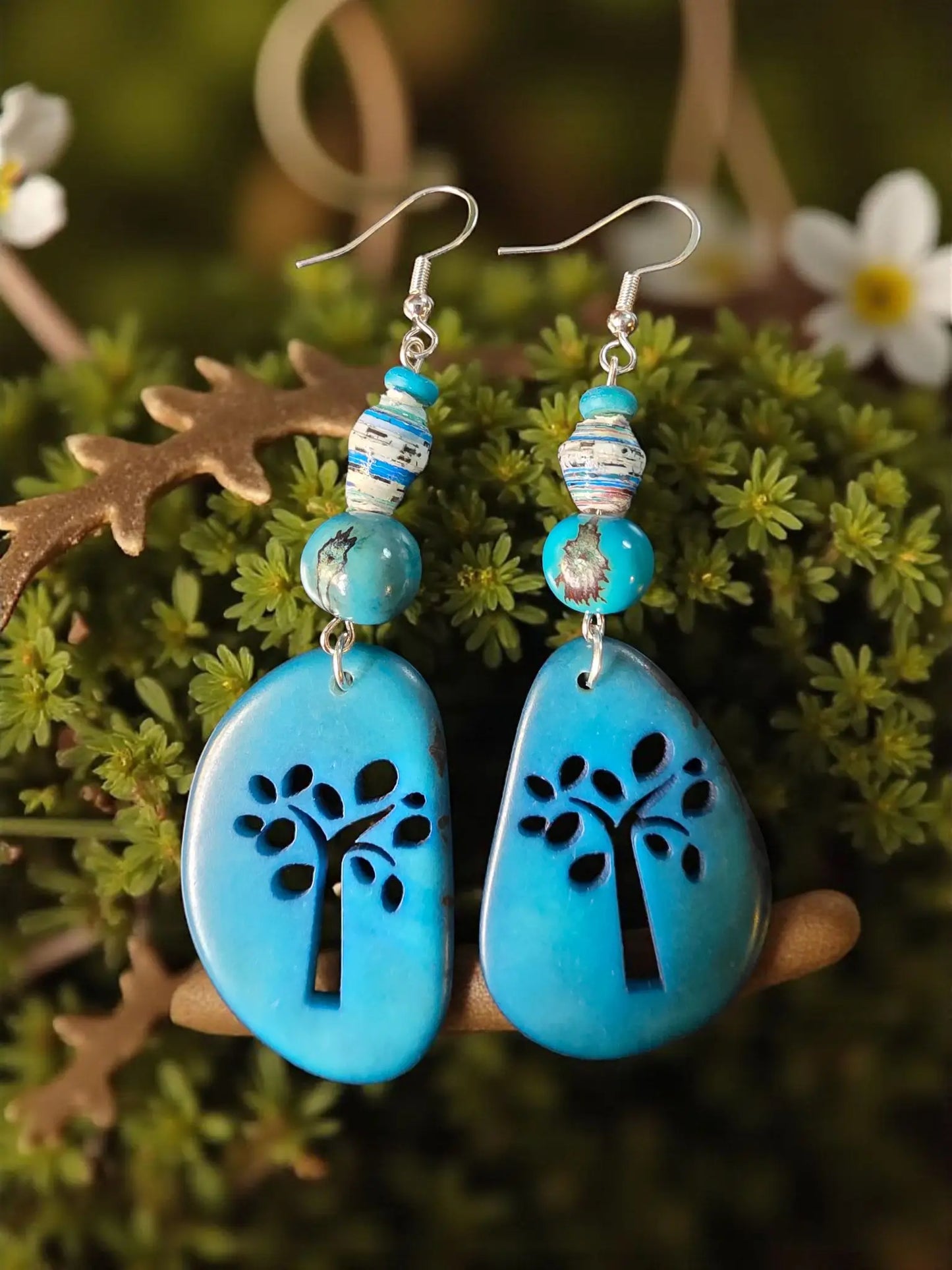 Bright turquoise teal sky blue tree laser engraved sliced tagua earrings with silver hooks and patterned beads