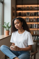 A woman in a white cotton t-shirt and blue jeans wearing pretty crimson burgundy gorgeous round disc tagua grain earrings