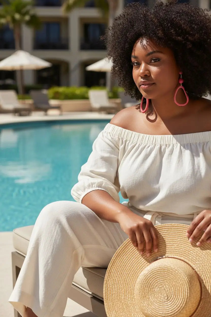 A woman in white off-the-shoulder top and pants holds a tan straw hat wearing pretty in pink handmade tagua hoop earrings