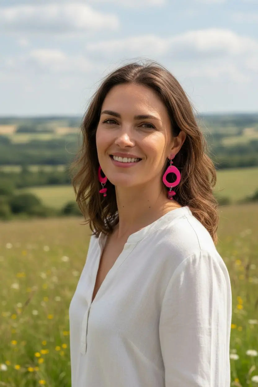Bright pink large slice tagua hoop earrings with a bold modern circular drop design for stylish wear
