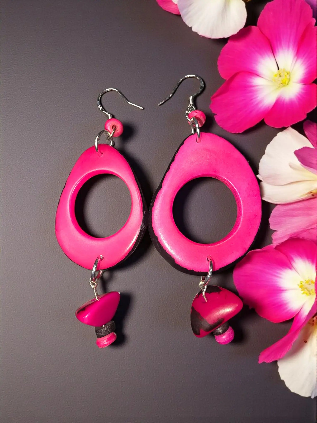 Pretty in pink large slice tagua hoop earrings vibrant pink teardrop wooden earrings with glossy finish and mushroom charms