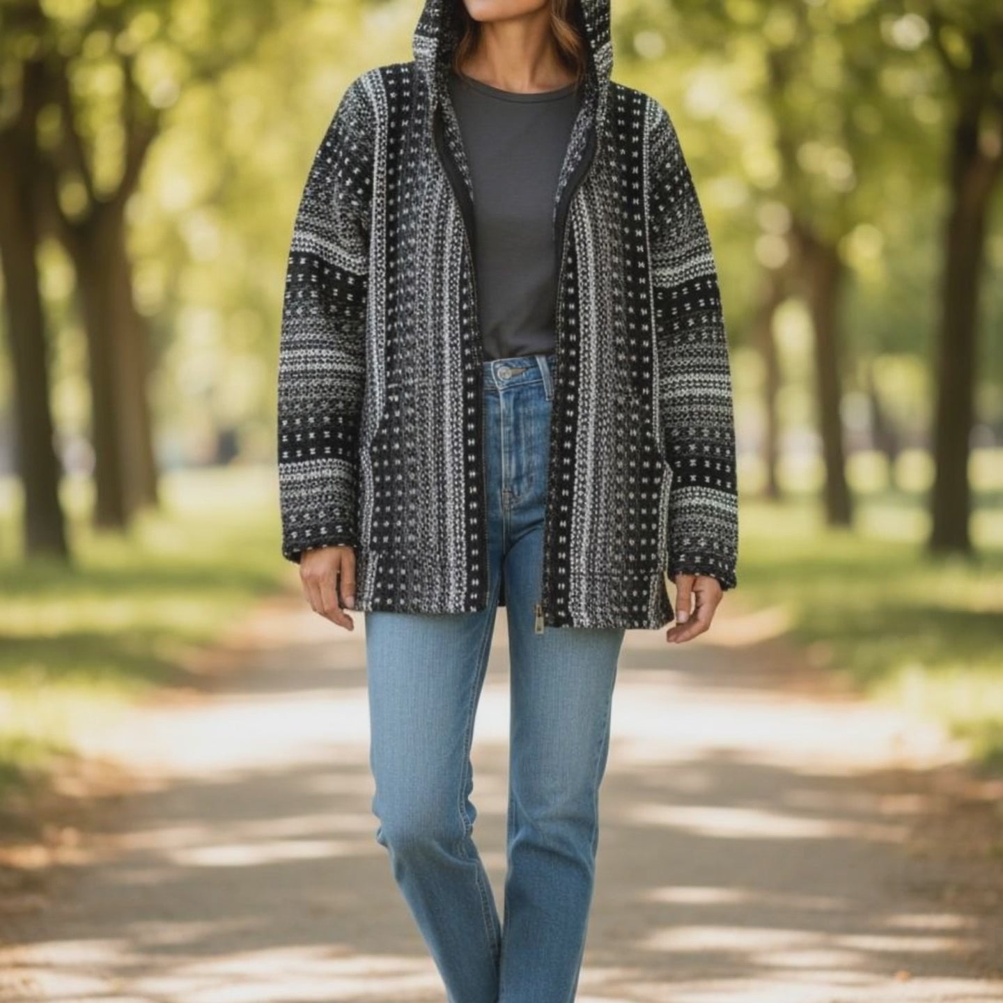 close up of a woman wearing a black-charcoal-hoodie-chompa-sunandwing-wool cardigan