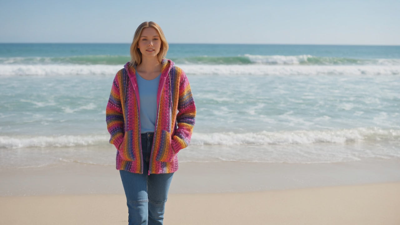video of a woman wearing a pink-otavalo-handknit-wool-cardigan-hoodie-sunandwing-hero44