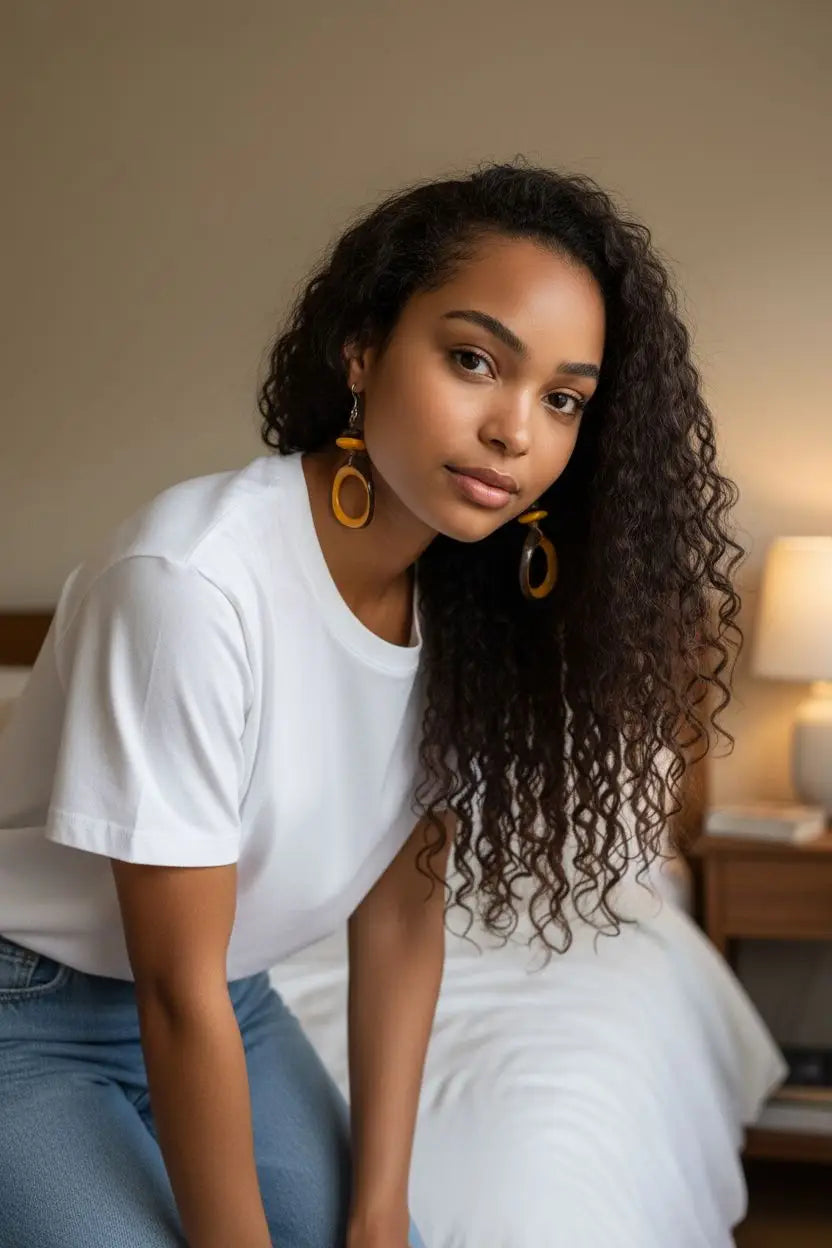 Pumpkin crush natural edge hoop dangle tagua earrings in gold-toned circular hoops with smooth polished finish