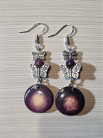 Purple butterflies purple gradient disc earrings with silver butterfly charms and central bead eco-friendly rainforest