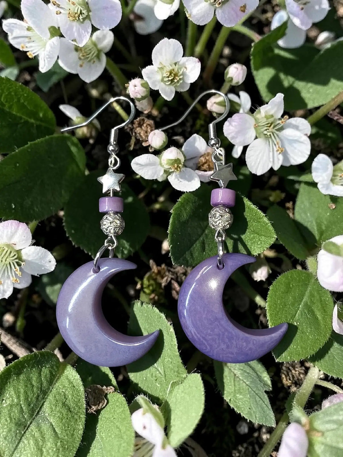 Purple moon carved tagua nut earrings with silver star and bead accents lightweight plastic-free from the rainforest