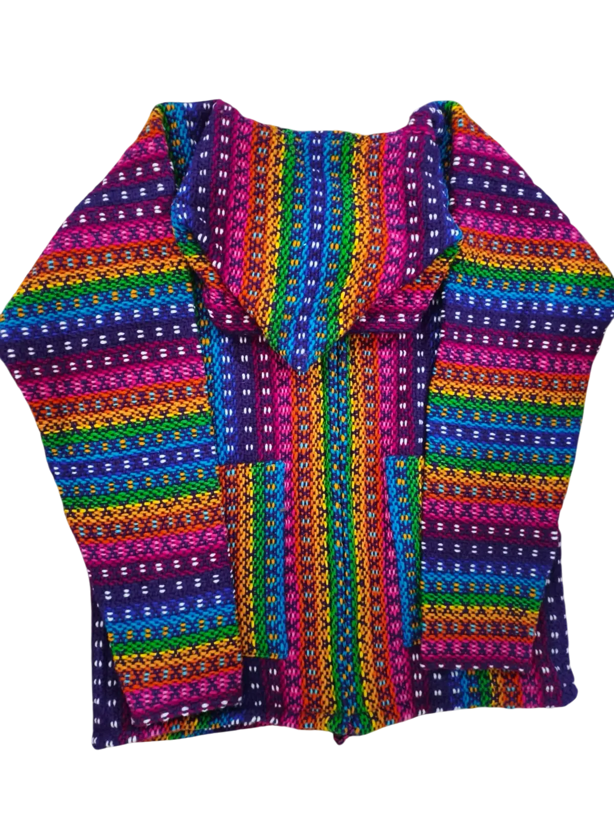 Purple pink rainbow hand-knitted hoodie cardigan with bold stripes made of 100% Andean sheep wool from Otavalo