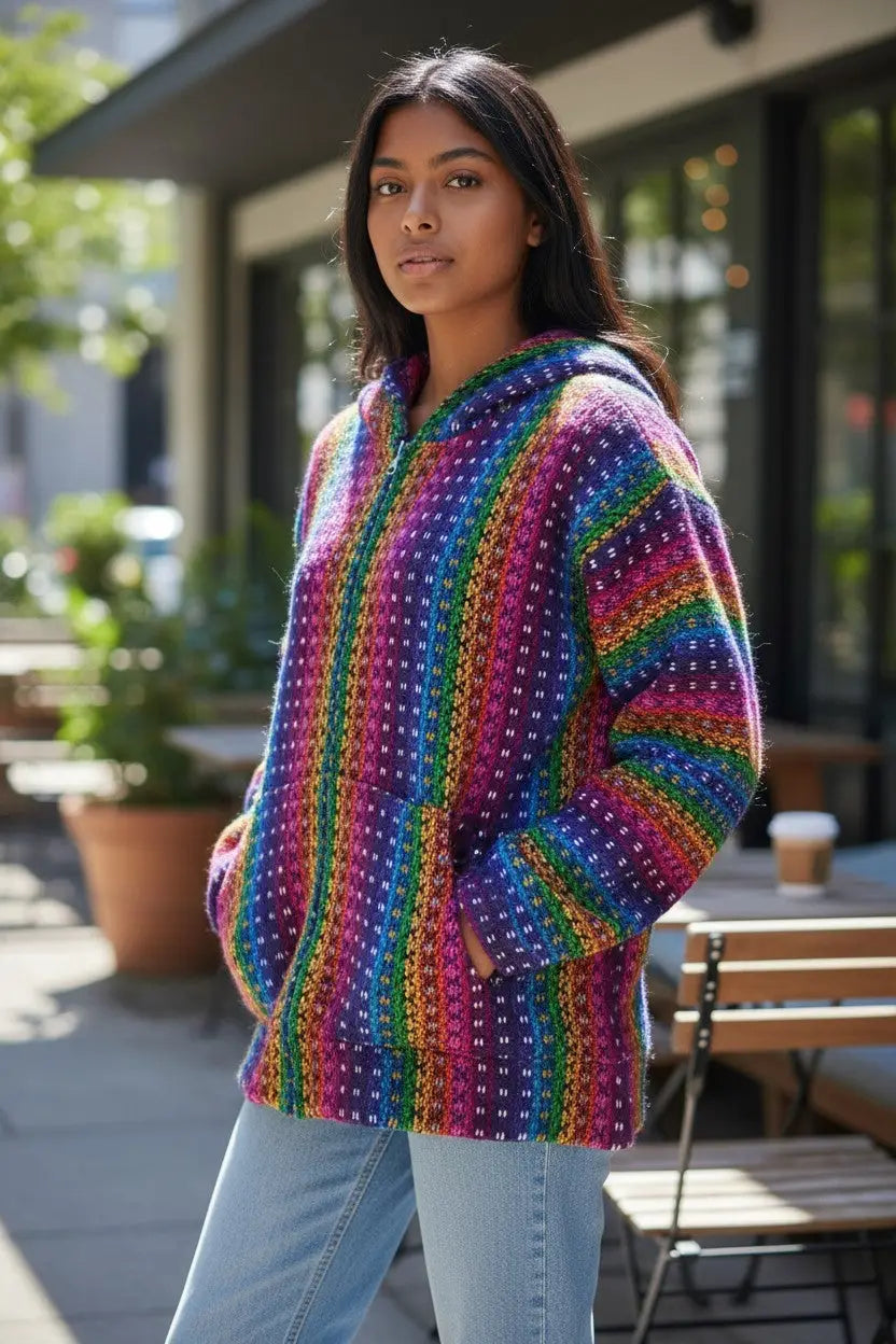 Purple pink rainbow chunky knit hooded sweater made from 100% Andean sheep wool with zip front and cozy fit