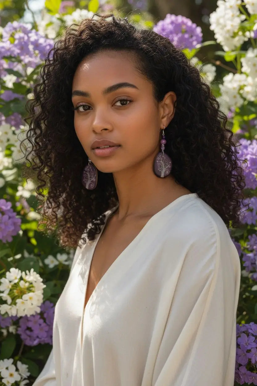 Purple swirly tree engraved tagua slice earrings with metallic sheen and leaf-shaped design in purple color