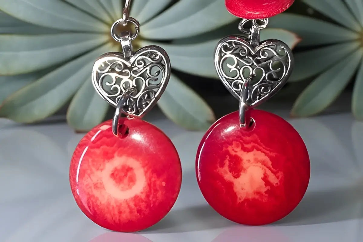 Red circular pendant earrings with silver filigree heart charms from misty collection vegetable ivory eco friendly handmade usa