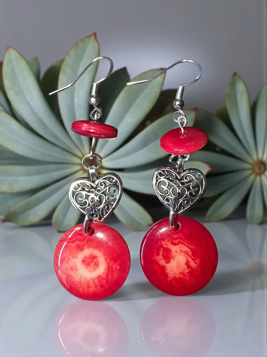 Red heart misty collection eco-friendly earrings with silver filigree charms and marbled red resin discs handmade usa