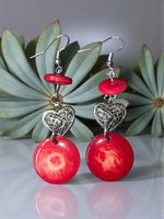 Red heart misty collection eco-friendly earrings with silver filigree charms and marbled red resin discs handmade usa