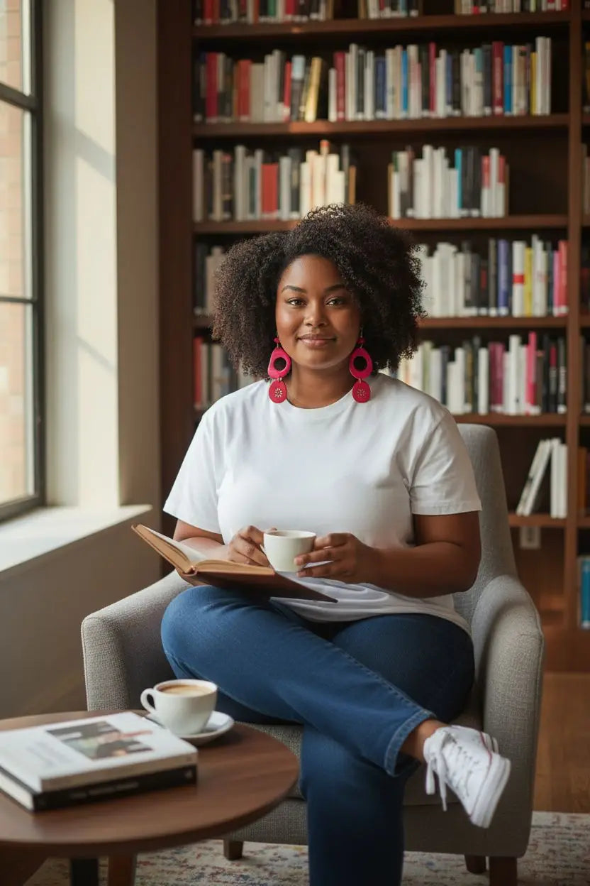 Woman with curly hair wearing red raspberry hoop earrings with laser flower engraved cutout holding a book and coffee