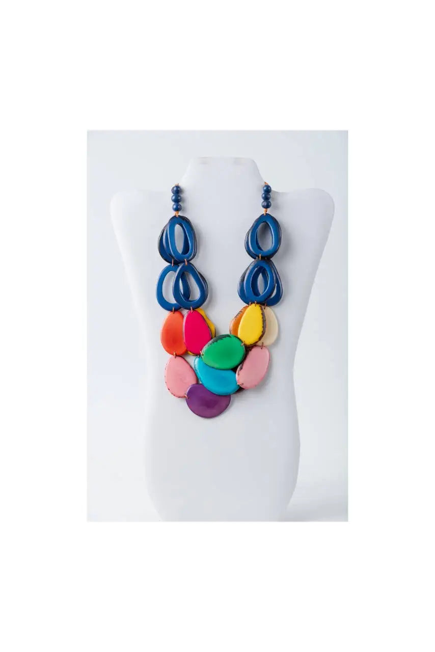 Remy vibrant tagua necklace with loop accents featuring multicolored glossy oval beads in olive green and beige