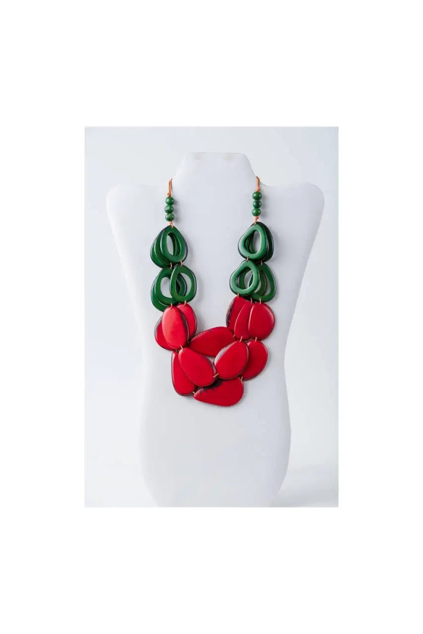 Remy vibrant tagua necklace with layered red and green glossy teardrop beads and loop accents in olive green beige