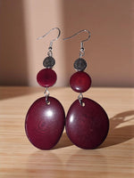 Rich burgundy red wine tagua sweet handmade earrings with glossy stacked circular beads and silver-toned hooks