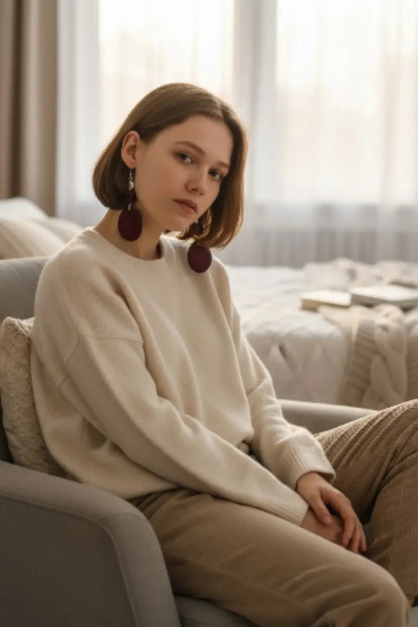The woman wears a cream knit sweater showcasing rich burgundy red wine tagua sweet handmade little round disc earrings