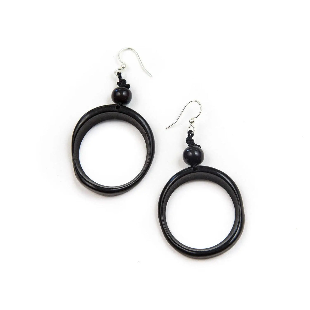 Ring of life earrings 1e620-on black circular hoop earrings with matte finish and small black beads near hooks