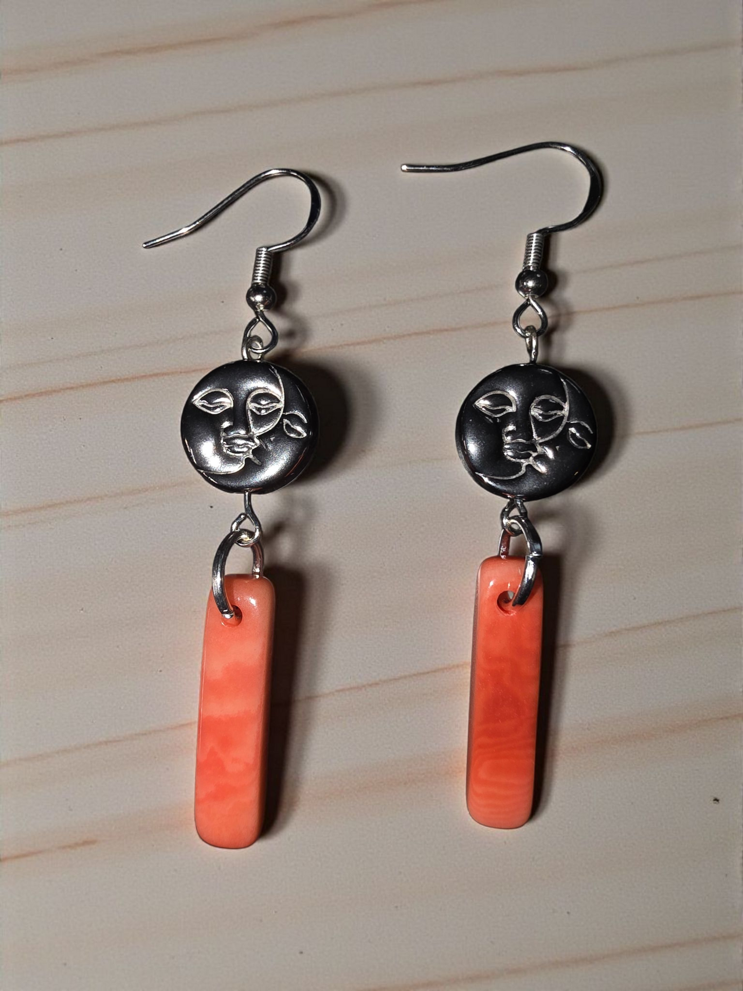 Sun and Moon Amulet Bead and Peach Melon Tagua Handmade Small Baguette Earrings