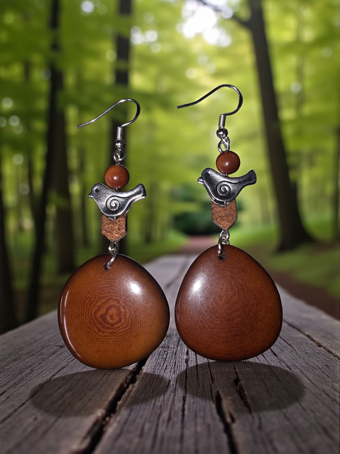 Lightweight Chocolate Mocha Tagua Slice with a Pretty Swirl Bird Handmade Earrings