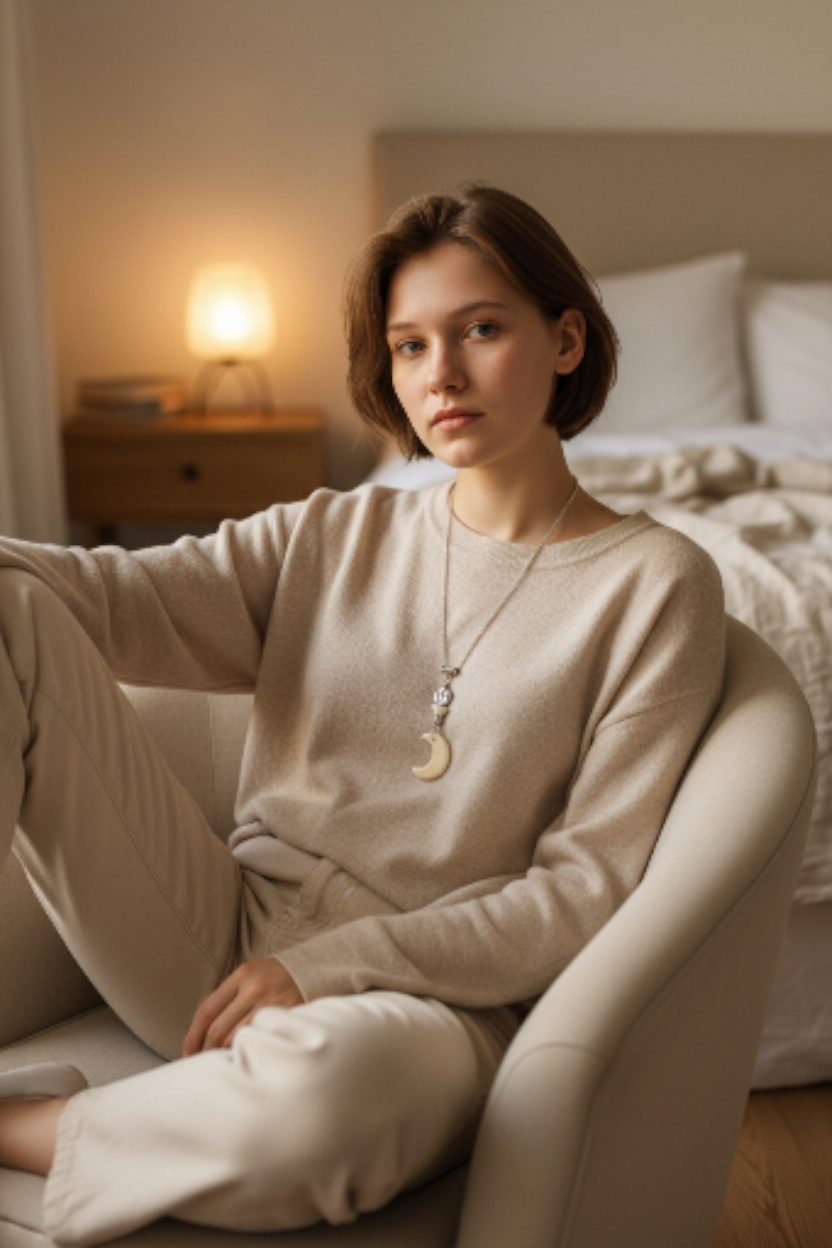 Woman sitting on a bed in a cozy room with soft lighting wearing a handmade Tagua moon necklace