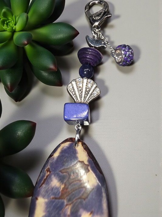 Purple Natural Carved Tagua Bag Charm or Keychain with Bird and Bling Beads